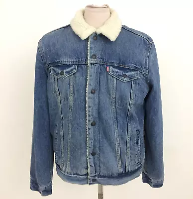 Levi Strauss & Co Men's Jacket Size L Blue Sherpa Trucker Denim Used Buttons F1 • £9.99