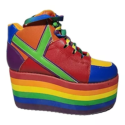 YRU Qozmo Hi Chunky Platform Sneakers Shoes Womens Sz 7 Gay Pride Festival LGBTQ • £71.26