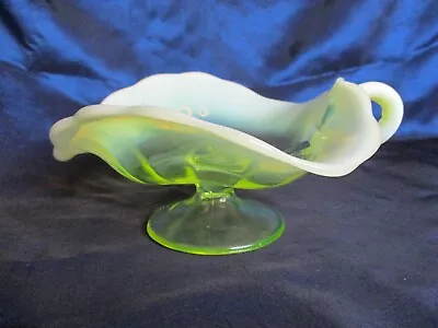 Vintage Dugan Footed Handled Candy Dish Uranium Vaseline Yellow Opalescent • $60