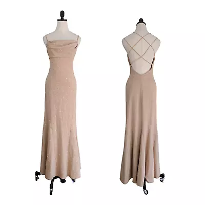 Vintage Prom Dress Maxi Gown 90s Y2K Glitter Backless Mermaid Glitter Gold USA S • $128