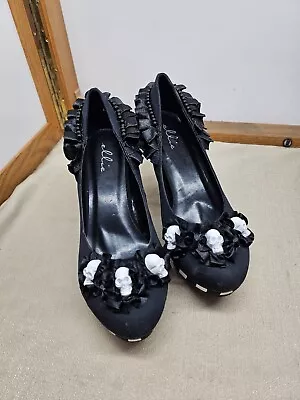 Halloween Shoes ELLIE Flower SKULL Pumps 4  Heels Ladies Size 9 SEXY GOTH NIB • $19.95