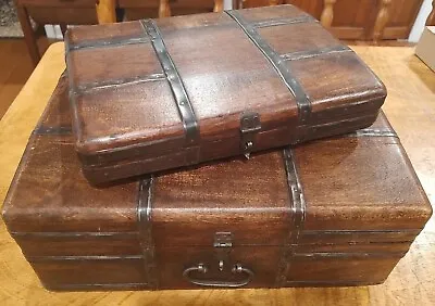 2 Vintage Wooden Travel Suitcase Lidded Treasure Boxes Metal Trim Latch & Handle • $246.99