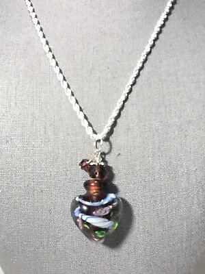 $16 • Buy Lampwork Glass Jar Necklace .925 Sterling Silver 18” Chain. Purple Heart Pendant