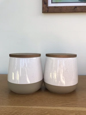 £6 • Buy White & Green Base Speckled Ceramic Storage Canisters With Wooden Lids X 2 - B&M