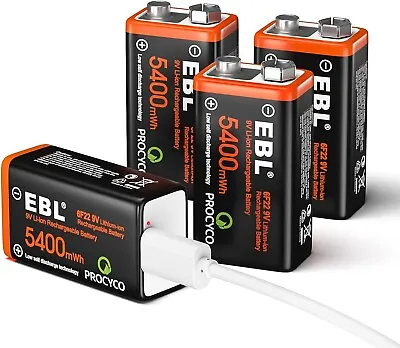 USB Rechargeable 9V Lithium Batteries - 5400Mwh Long Lasting Li-Ion Batteries Wi • $46.91