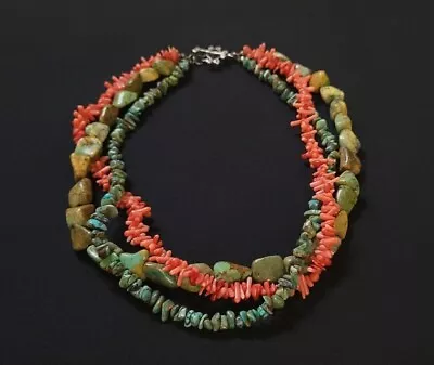 Southwestern Sterling Silver Turquoise Mediterranean Coral Drop Necklace • $45