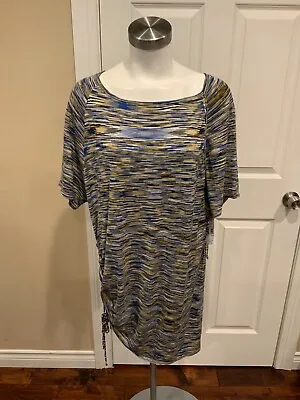 BCBG Max Azria Blue Yellow Gray & Black Striped Dress W/ Side Cinch Size S • $29.44
