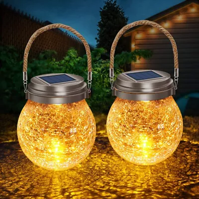 Solar Lights Glass Crackle Ball Hanging Lamp Garden Patio Wedding Party Decor • £8.95