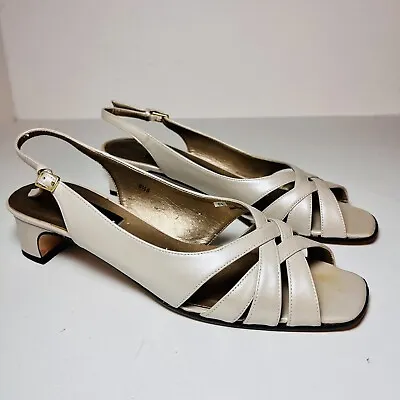 VANELi Pearlized Beige Slingback Womens Sandals Heels Pumps Shoes Peep Toe • $14.97