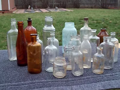 Antique Bottle Lot Of 20 Old Glass Bottles. Amber Clear. Many Embossed.  • $13.50