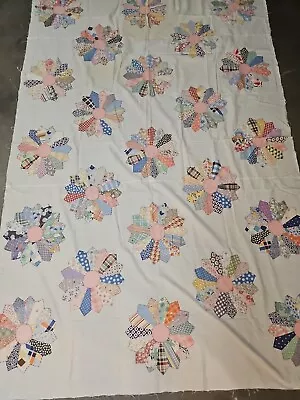 Antique 1920-40S Quilt Hand Sewn Appliqued Dresden Plate 86x56i Multicolor/White • $100