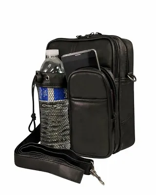 Black Genuine Leather Men's Messenger Organizer Phone Bottle Holder Travel Bag • $24.85