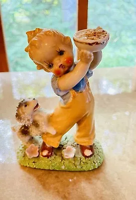 Vintage Ucagco Boy In Overalls Holding Up Bowl W/ Spaghetti Poodle Dog. Japan  • $14