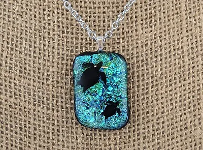 Teal Dichroic Glass Sea Turtle Pendant Necklace Handmade Fused Glass Jewelry • $20