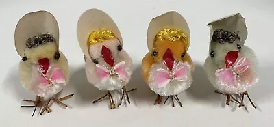 4 Vintage Easter Chenille Chicks Spun Cotton Wire Legs Hats 2 3/4  Tall • $29.99