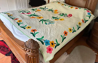 Vintage Quilt 78x94 Applique Flowers King Size Hand Quilted Beautiful • $279.99