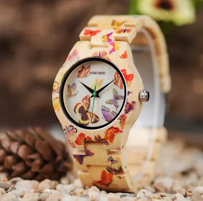 Bamboo Made Butterfly Print Women Watches All  Quartz Wristwatch • $128.95