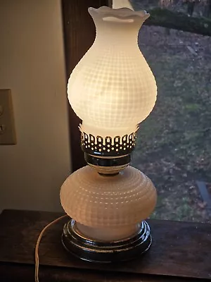 Vintage White Milk Glass Hobnail Hurricane Table 3 Way Lamp 14  Underwriters • $29.95