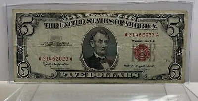 1963 $5 Five Dollar United States Red Seal Note / Bill In Currency Holder • $12.63