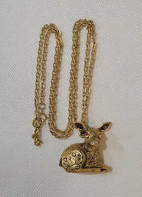 Vintage Max Factor Deer Solid Perfume Pendant Locket 27  ORIG CHAIN NECKLACE  • $29