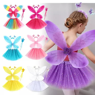 £9.59 • Buy Girls Kids Fancy Dress Up Fairy Halloween Butterfly Wings Tutu Outfit Costume