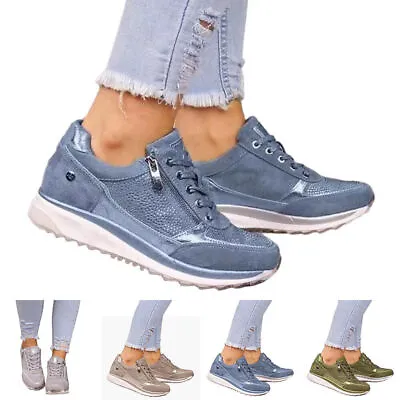 Womans Sneaker Side Zipper Lace-Up Trainers Lady Comfy Gym Sport Running Shoes~  • £19.31
