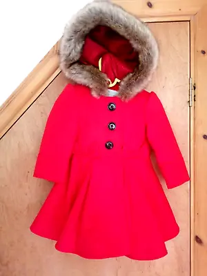 New Baby Girls Red Bow Hooded Woollen Winter Coat By Mothercare Age: 3-6 Mths • £10
