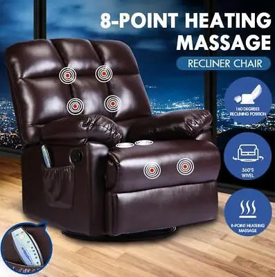 PU Leather Recliner Massage Chair 360 Swivel Rocking 8-Point Heating Seat Brown • $450.50