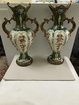 2x Vintage Majolica Pottery 2 Handled Vases With FlowersB • £35