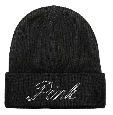 Victoria's Secret PINK Rib Beanie Hat In Black Rhinestone Shine Logo NEW SEALED • $22.99