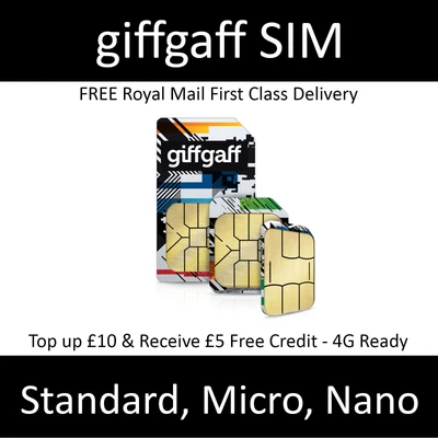 £0.99 • Buy GiffGaff Sim Card With Credit Pay As You Go £5 Standard Micro Nano 4G Unused