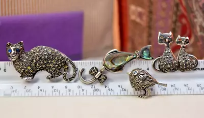 4 Pc Vintage Sterling Marcasite Brooch Collection 3 Cats & A Bird X 4 Lot • $10.50