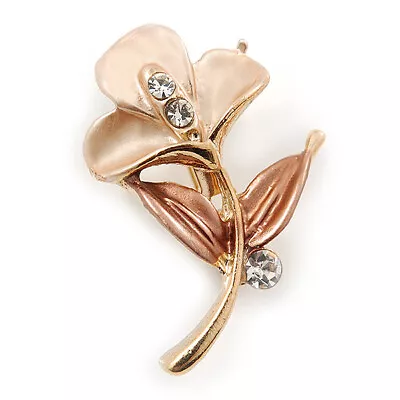 Small Magnolia/ Bronze Enamel Crystal Calla Lily Brooch In Gold Plating - 32mm • £7.90