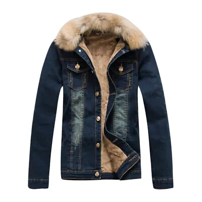 Men Warm Fleece Lined Denim Jacket Detachable Faux Fur Collar Outdoor Winter Top • $94.04