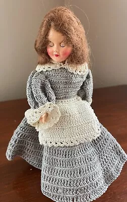 Vintage Girl Doll In Gray Crocheted Dress 7.5  With Apron • $7.99