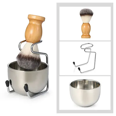 3 In 1 Men Shaving Brush Set Wooden Handle Shaving Brushes Stand Holder Mug Bowl • $14.99