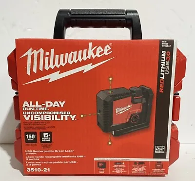 NEW - MILWAUKEE 3510-21 USB RECHARGEABLE GREEN 3-POINT LASER - Red/Black • $109.99