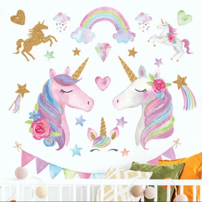 Watercolour Unicorn Rainbow Girls Nursery Decor Kids Room Wall Decals Removable  • $23.99