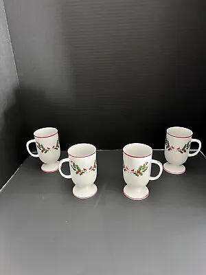 Vtg Christmas Holly Fine Porcelain Footed Coffee Mugs Japan Set Of 4 • $21.99