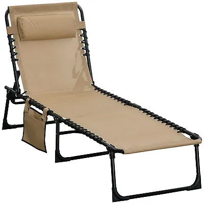 Outsunny Lounger Folding Reclining Camping Bed 5-position Adjustable Beige • £42.99