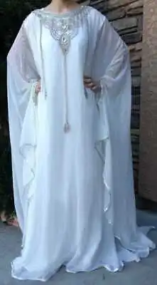 White Stylish Kaftan Moroccan Dubai Maxi Farasha Abaya Dress New Fancy Long Gown • $65.45