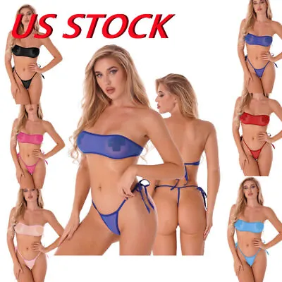 US Women Sheer Bikini See Through Bikinis Top Mini Brazilian Thongs Bathing Suit • $8