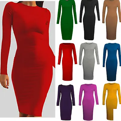 Womens Ladies Long Sleeve Midi Dress Stretch Bodycon Plain Jersey 8-26 • £4.59
