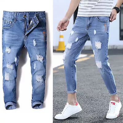 Slim Jeans Korean Style Versatile Ripped Holes Slim Fit Denim Pants Ankle-length • $30.48