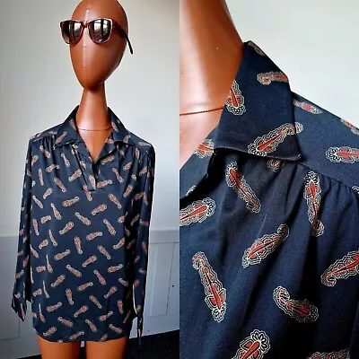 Vintage Ladies Disco Shirt | Medium | Black Patterned Stretch 70s Deadstock AA84 • £10