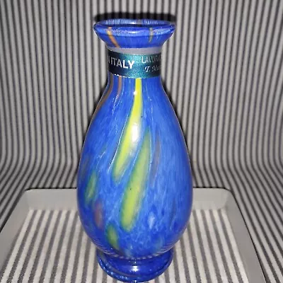 VTG LAVORAZIONE MURANO W/ORIG TAG 6.25” FOOTED BLUE IRIDESCENT ART GLASS VASE • $27.95