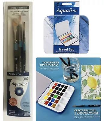 Daler-Rowney Aquafine Travel Tin 24 Half Pans Mini Brush & 3 Brush Set 302 New • £14