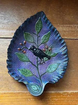 Vintage Iridescent Dark Purple Painted Bronze Metal Leaf Trinket Dish W Black  • $50.62