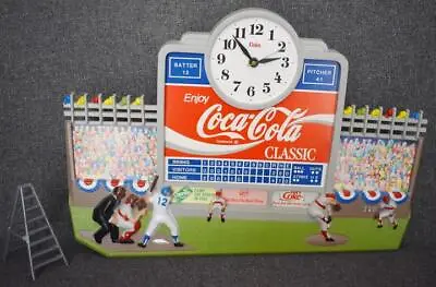 Vintage Baseball Themed Coca-cola Classic Vinyl Cardboard Wall Clock + Ladder • $112.11