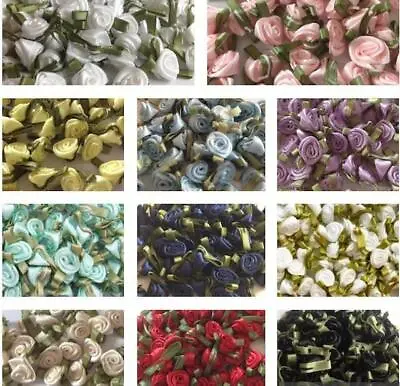Small Satin Rose Buds With Leaf - Various Colours Available For ClothingCrafts • £3.30